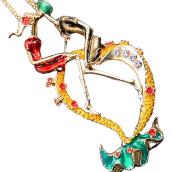 "Lovers Fall In Love" Entwined Red & Gold Color Enamel Crystal Necklace /Brooch - Picture 3 of 5